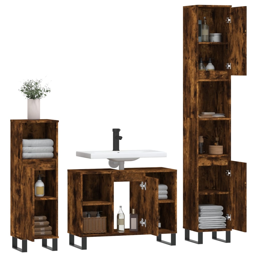 vidaXL Set mobilier de baie, 3 piese, stejar fumuriu, lemn prelucrat vidaXL Set mobilier de baie, 3 piese, stejar fumuriu, lemn prelucrat