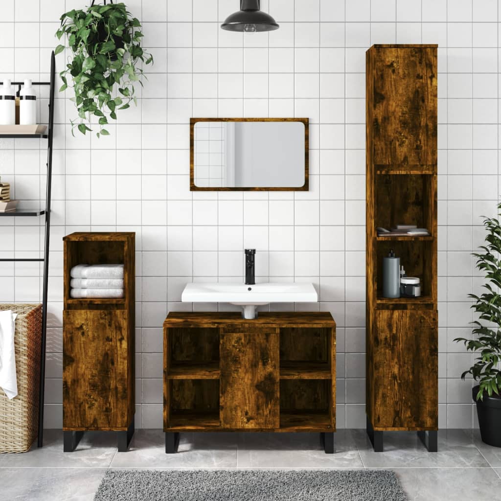vidaXL Set mobilier de baie, 3 piese, stejar fumuriu, lemn prelucrat vidaXL Set mobilier de baie, 3 piese, stejar fumuriu, lemn prelucrat