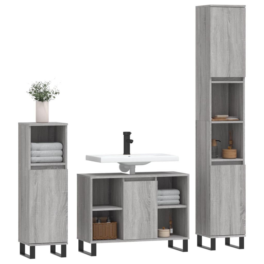 vidaXL Set mobilier de baie, 3 piese, gri sonoma, lemn prelucrat vidaXL Set mobilier de baie, 3 piese, gri sonoma, lemn prelucrat