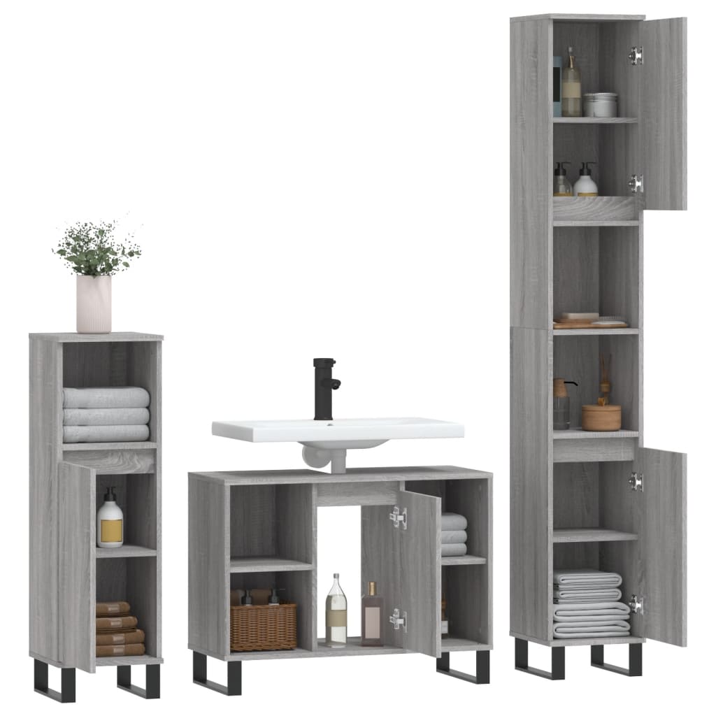 vidaXL Set mobilier de baie, 3 piese, gri sonoma, lemn prelucrat vidaXL Set mobilier de baie, 3 piese, gri sonoma, lemn prelucrat
