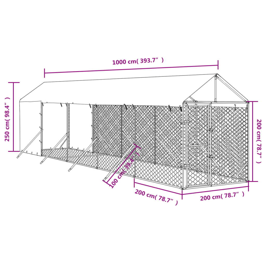 vidaXL Padoc exterior cu acoperiș argintiu 2x10x2,5 m oțel galvanizat