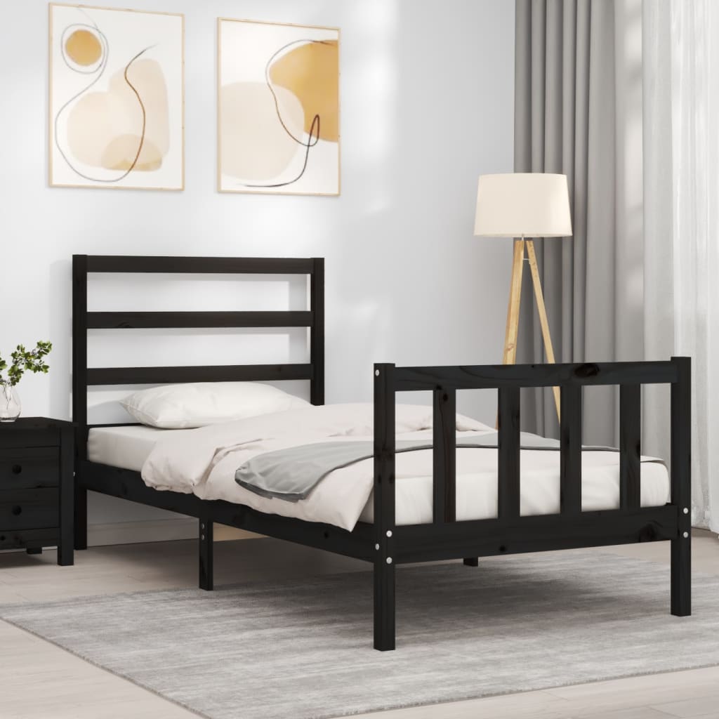 vidaXL Cadru de pat cu tăblie Small Single, negru, lemn masiv vidaXL Cadru de pat cu tăblie Small Single, negru, lemn masiv