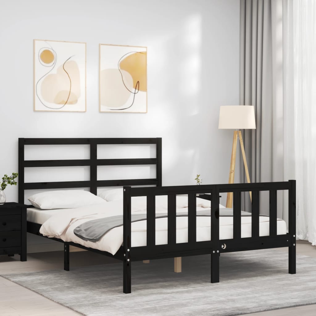 vidaXL Cadru de pat cu tăblie, negru, 140x190 cm, lemn masiv vidaXL Cadru de pat cu tăblie, negru, 140x190 cm, lemn masiv