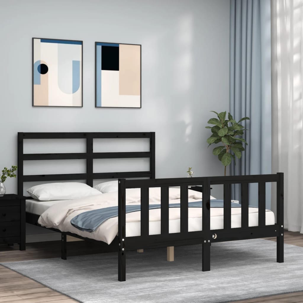 vidaXL Cadru de pat cu tăblie, negru, 140x190 cm, lemn masiv vidaXL Cadru de pat cu tăblie, negru, 140x190 cm, lemn masiv