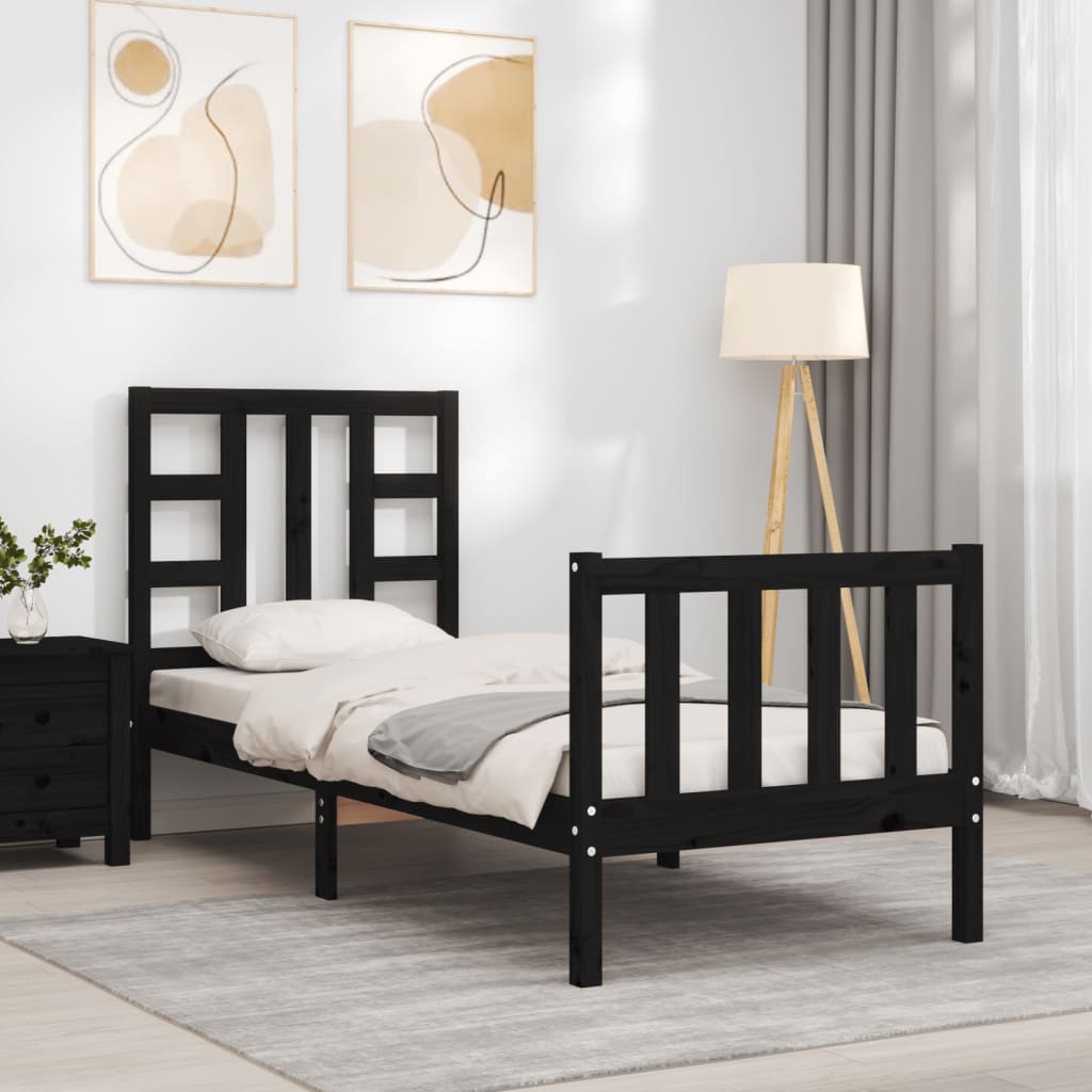 vidaXL Cadru de pat cu tăblie Small Single, negru, lemn masiv