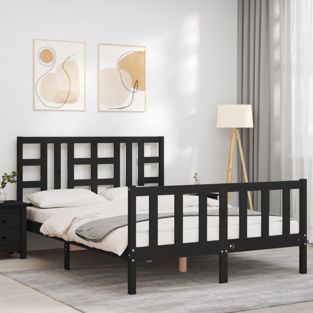 vidaXL Cadru de pat cu tăblie, negru, 140x190 cm, lemn masiv vidaXL Cadru de pat cu tăblie, negru, 140x190 cm, lemn masiv