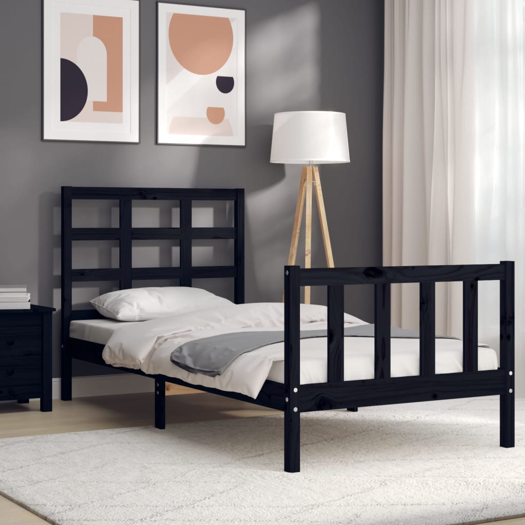 vidaXL Cadru de pat cu tăblie Small Single, negru, lemn masiv