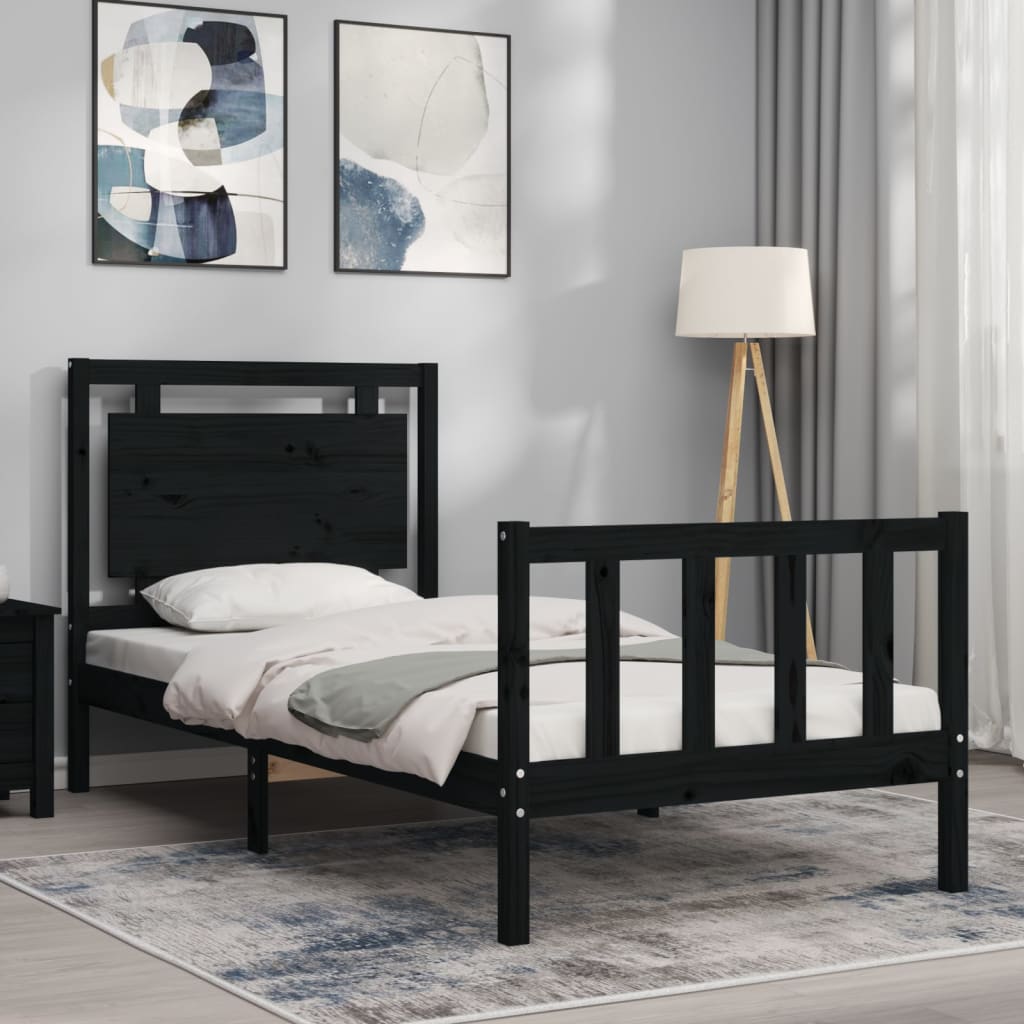 vidaXL Cadru de pat cu tăblie Small Single, negru, lemn masiv vidaXL Cadru de pat cu tăblie Small Single, negru, lemn masiv