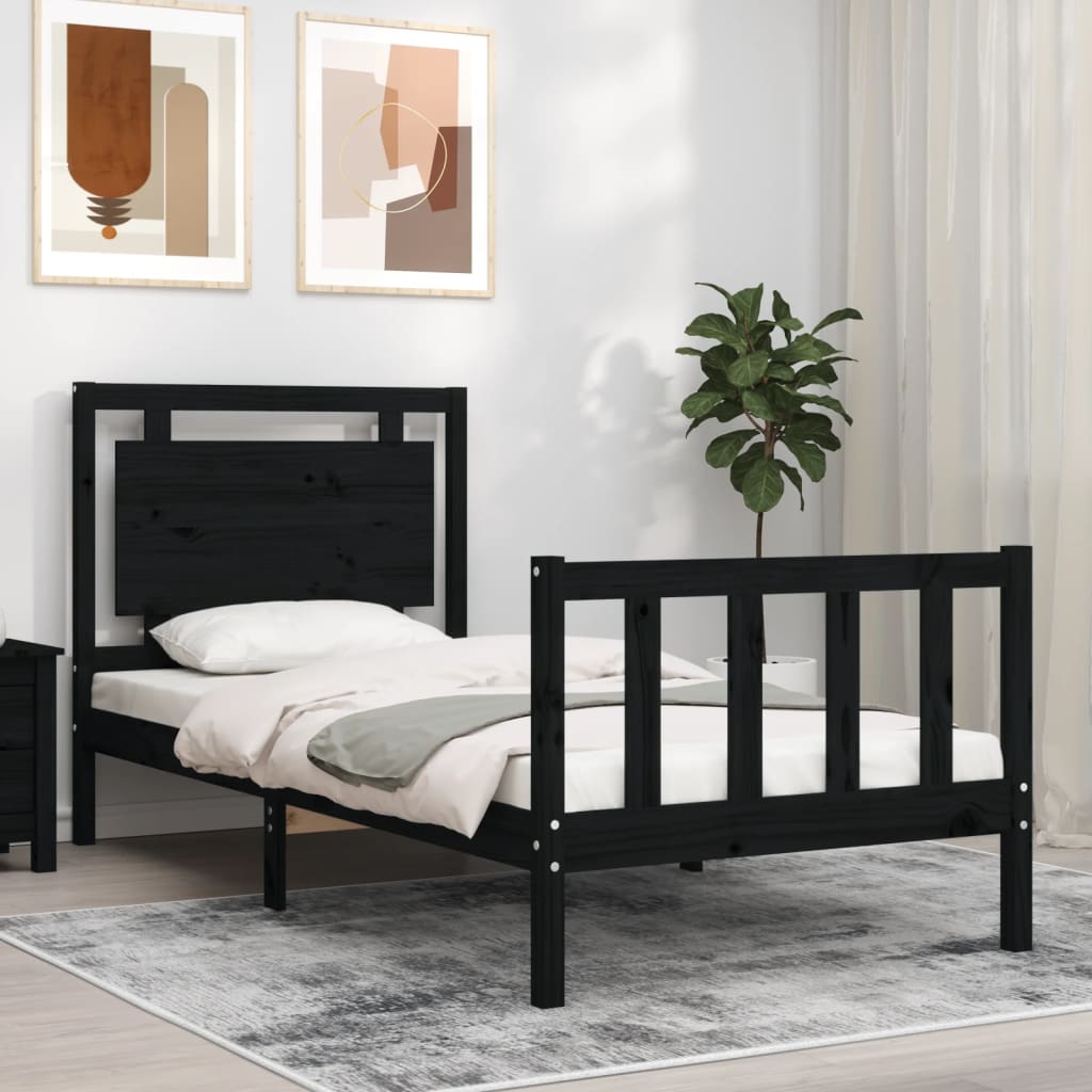 vidaXL Cadru de pat cu tăblie Small Single, negru, lemn masiv vidaXL Cadru de pat cu tăblie Small Single, negru, lemn masiv