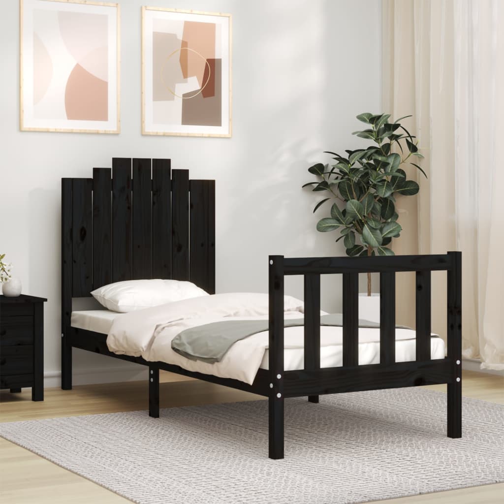 vidaXL Cadru de pat cu tăblie Small Single, negru, lemn masiv vidaXL Cadru de pat cu tăblie Small Single, negru, lemn masiv