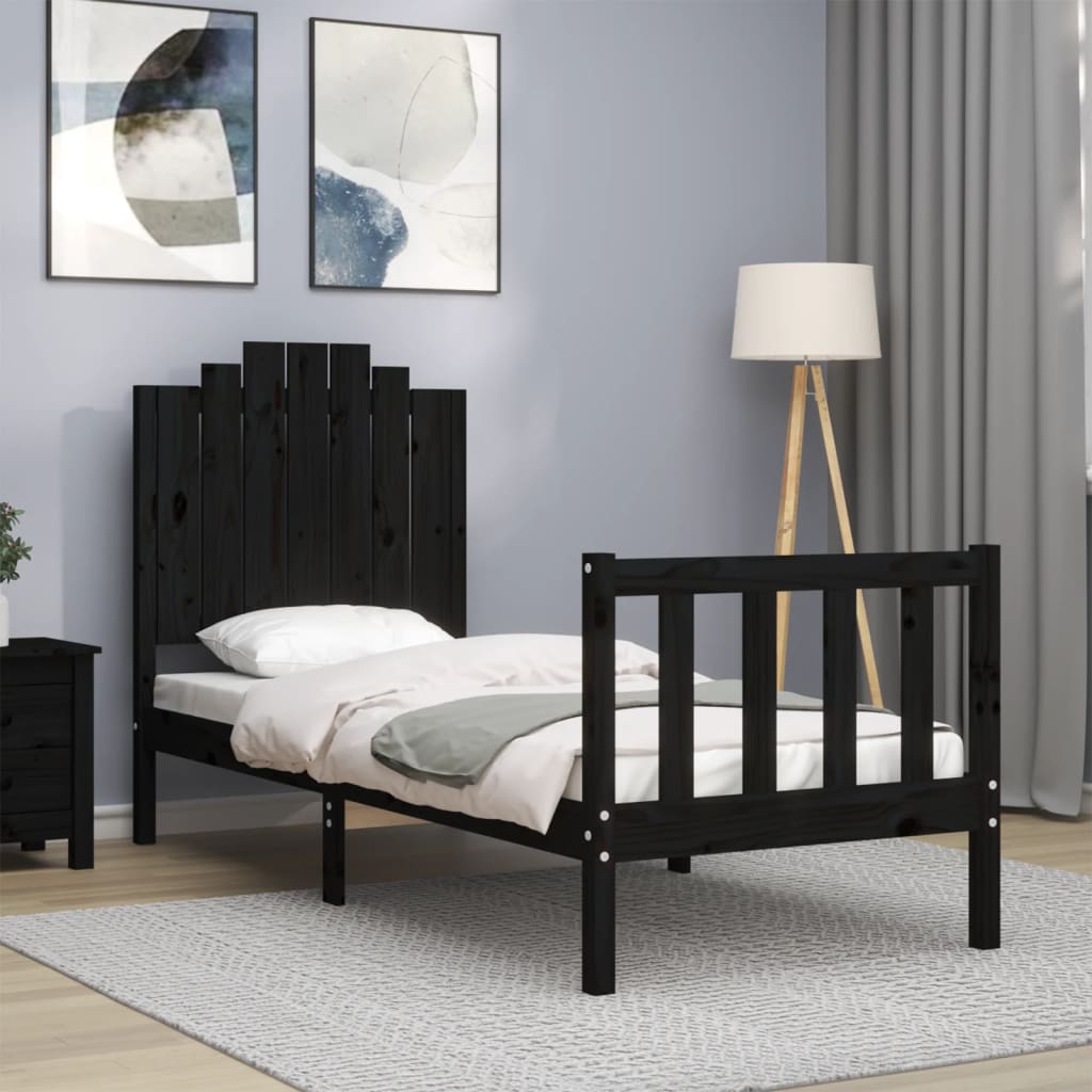 vidaXL Cadru de pat cu tăblie Small Single, negru, lemn masiv vidaXL Cadru de pat cu tăblie Small Single, negru, lemn masiv