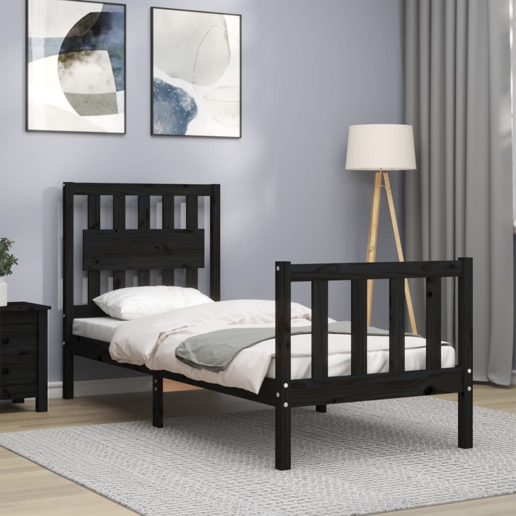 vidaXL Cadru de pat cu tăblie Small Single, negru, lemn masiv vidaXL Cadru de pat cu tăblie Small Single, negru, lemn masiv