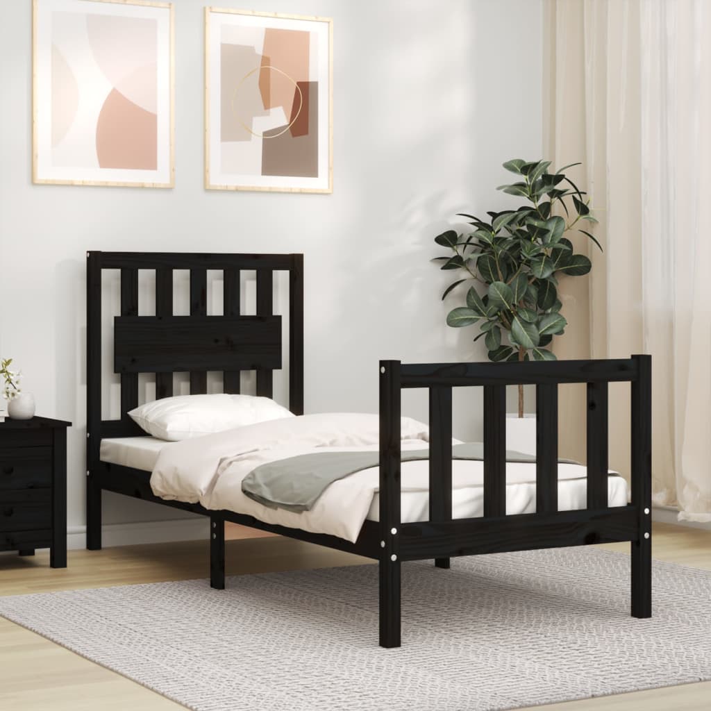 vidaXL Cadru de pat cu tăblie Small Single, negru, lemn masiv vidaXL Cadru de pat cu tăblie Small Single, negru, lemn masiv