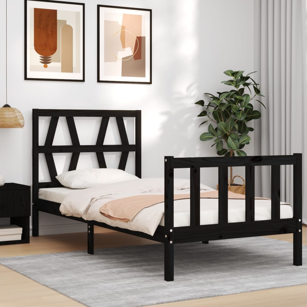 vidaXL Cadru de pat cu tăblie Small Single, negru, lemn masiv vidaXL Cadru de pat cu tăblie Small Single, negru, lemn masiv