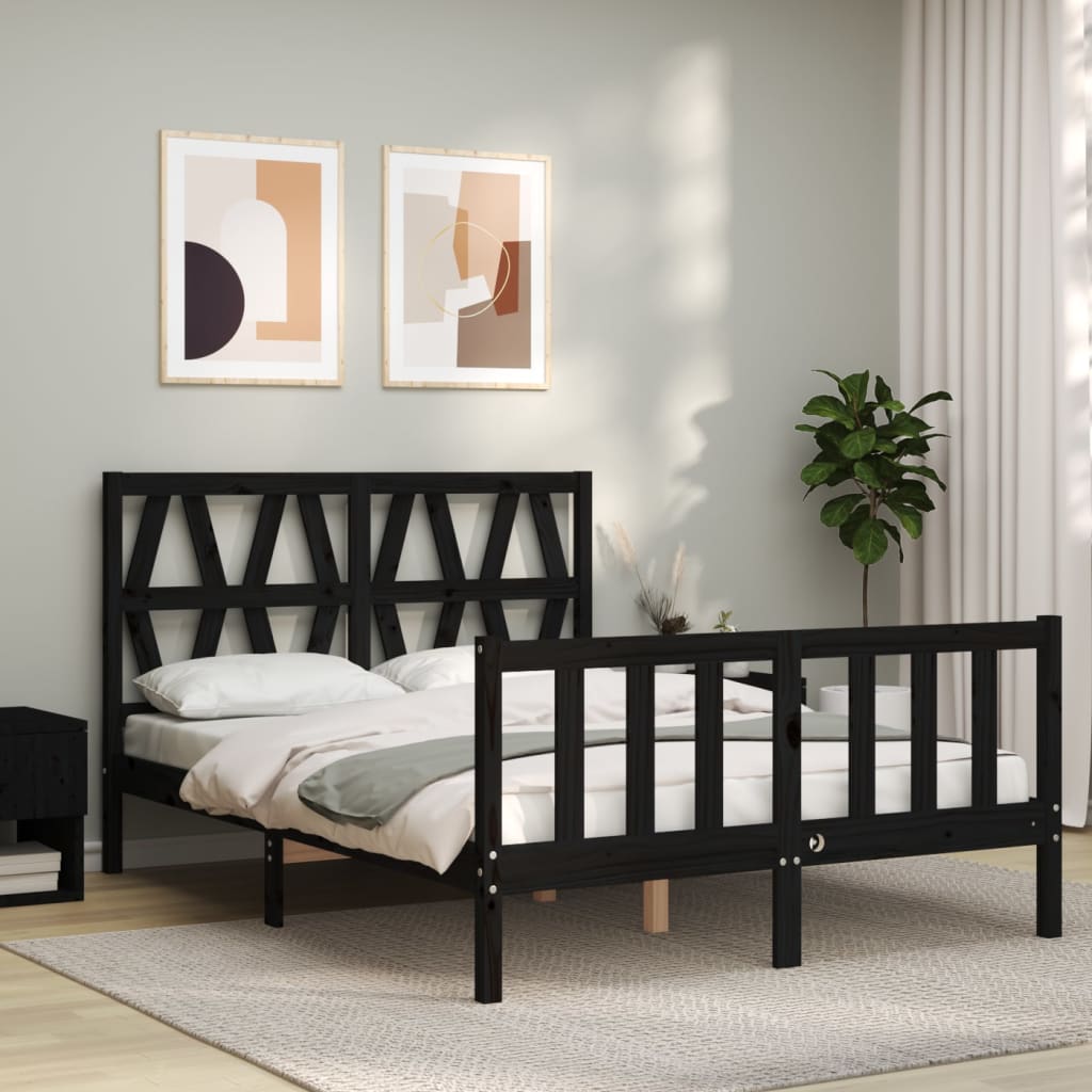 vidaXL Cadru de pat cu tăblie, negru, 140x190 cm, lemn masiv vidaXL Cadru de pat cu tăblie, negru, 140x190 cm, lemn masiv