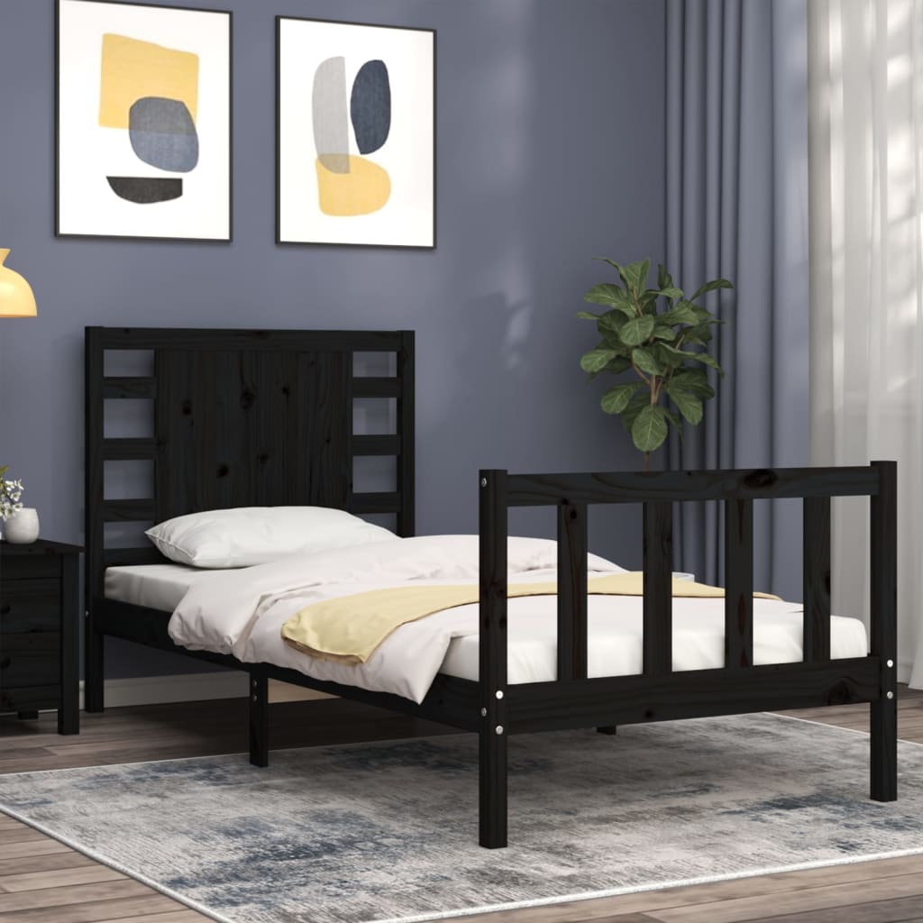vidaXL Cadru de pat cu tăblie Small Single, negru, lemn masiv