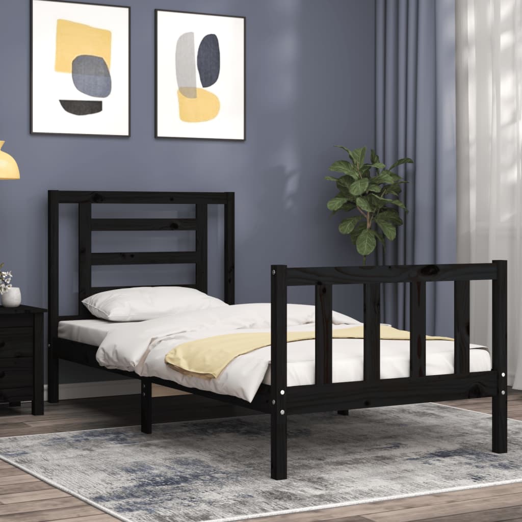 vidaXL Cadru de pat cu tăblie Small Single, negru, lemn masiv