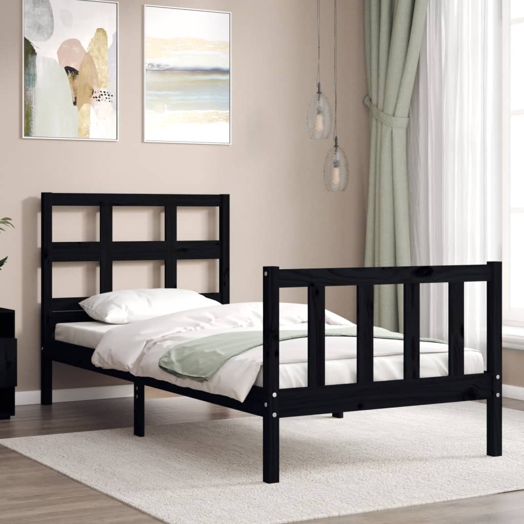 vidaXL Cadru de pat cu tăblie Small Single, negru, lemn masiv vidaXL Cadru de pat cu tăblie Small Single, negru, lemn masiv