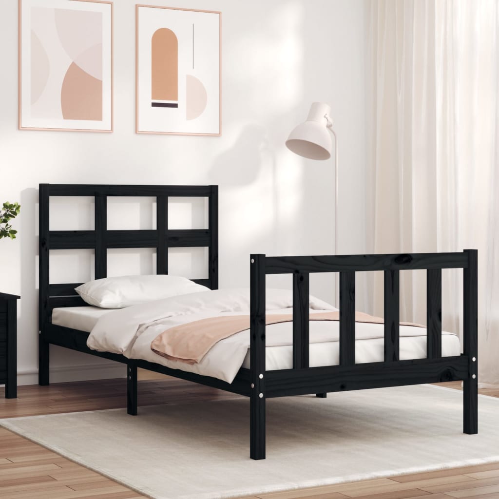 vidaXL Cadru de pat cu tăblie Small Single, negru, lemn masiv vidaXL Cadru de pat cu tăblie Small Single, negru, lemn masiv