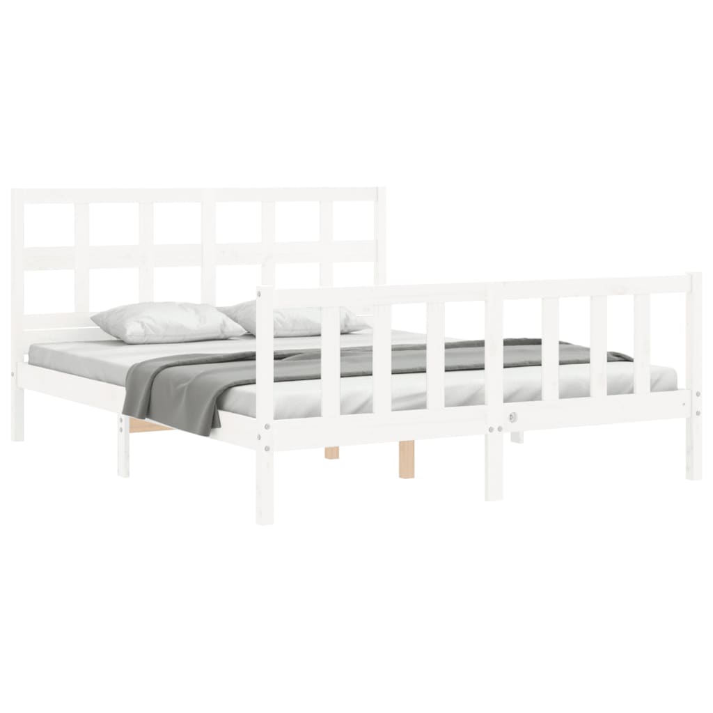 vidaXL Cadru de pat cu tăblie, alb, king size, lemn masiv vidaXL Cadru de pat cu tăblie, alb, king size, lemn masiv