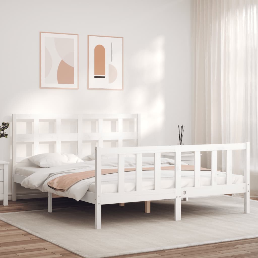 vidaXL Cadru de pat cu tăblie, alb, king size, lemn masiv vidaXL Cadru de pat cu tăblie, alb, king size, lemn masiv
