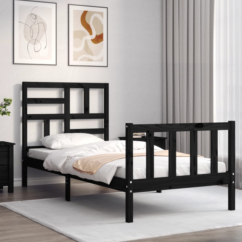 vidaXL Cadru de pat cu tăblie Small Single, negru, lemn masiv