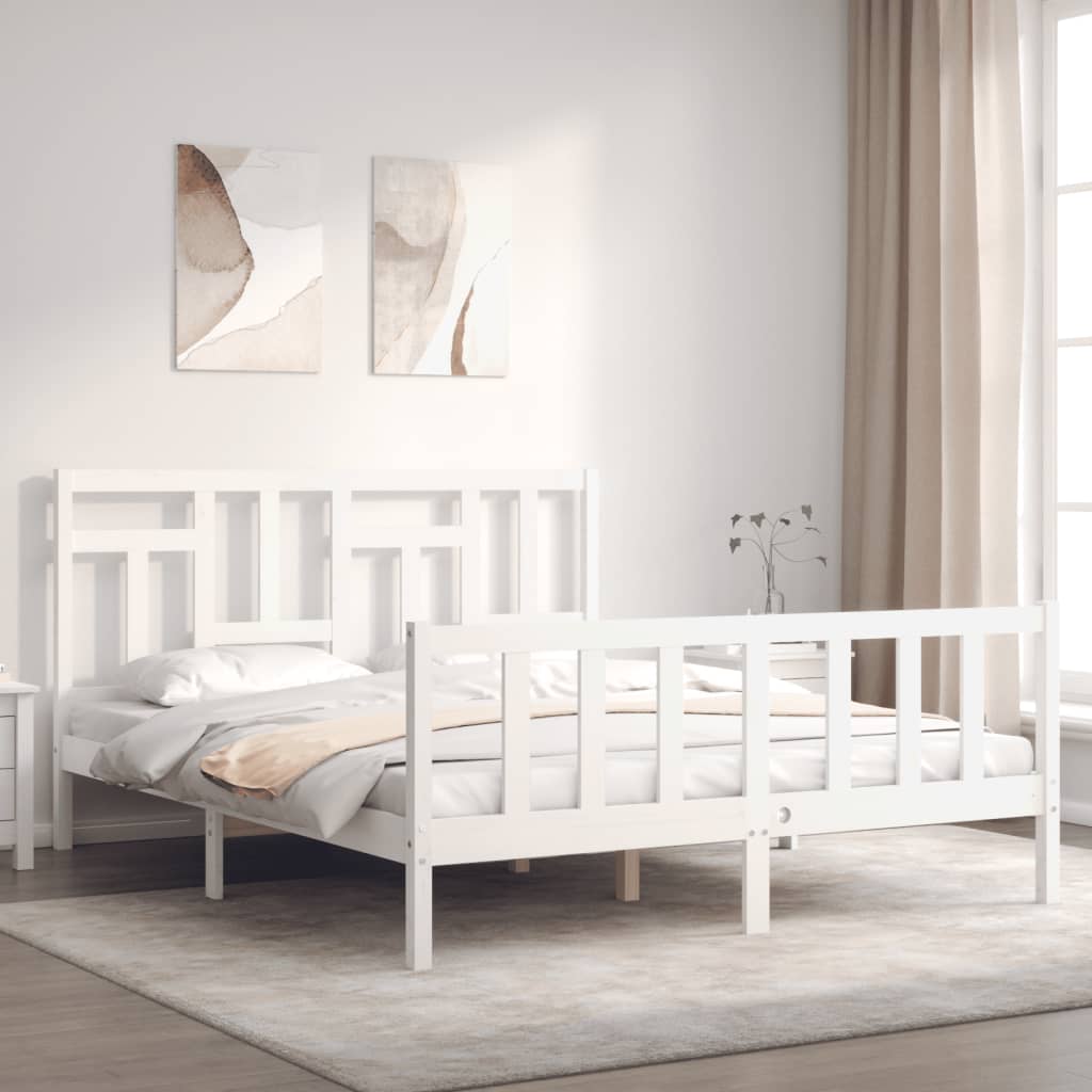 vidaXL Cadru de pat cu tăblie, alb, king size, lemn masiv vidaXL Cadru de pat cu tăblie, alb, king size, lemn masiv
