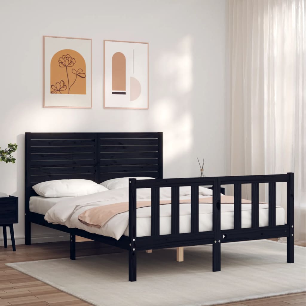 vidaXL Cadru de pat cu tăblie, negru, 140x190 cm, lemn masiv vidaXL Cadru de pat cu tăblie, negru, 140x190 cm, lemn masiv