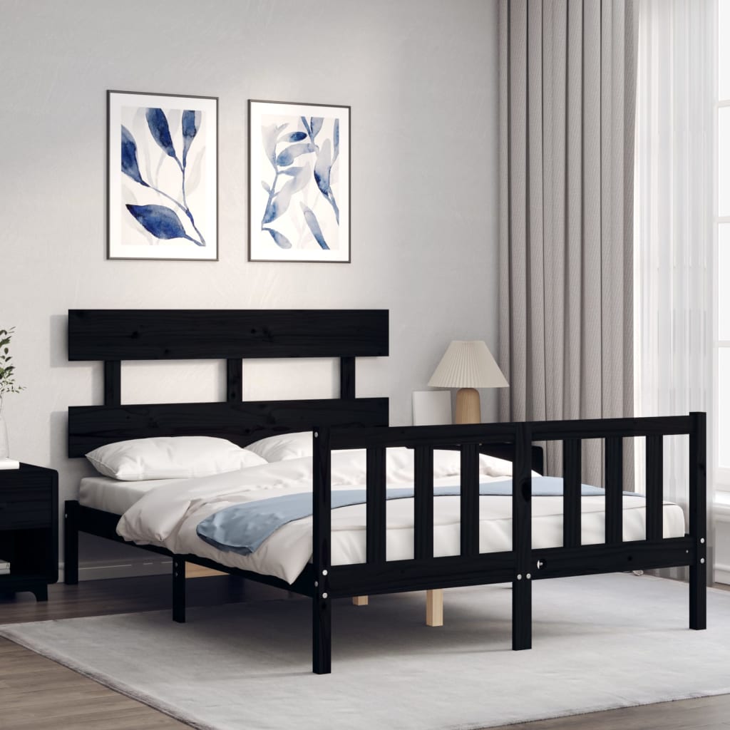 vidaXL Cadru de pat cu tăblie, negru, 140x190 cm, lemn masiv vidaXL Cadru de pat cu tăblie, negru, 140x190 cm, lemn masiv
