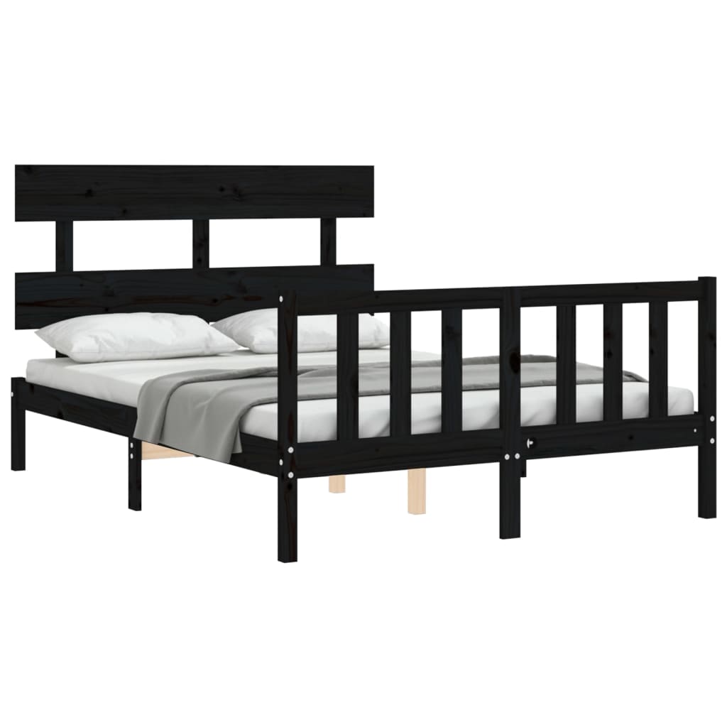 vidaXL Cadru de pat cu tăblie, negru, 140x190 cm, lemn masiv vidaXL Cadru de pat cu tăblie, negru, 140x190 cm, lemn masiv
