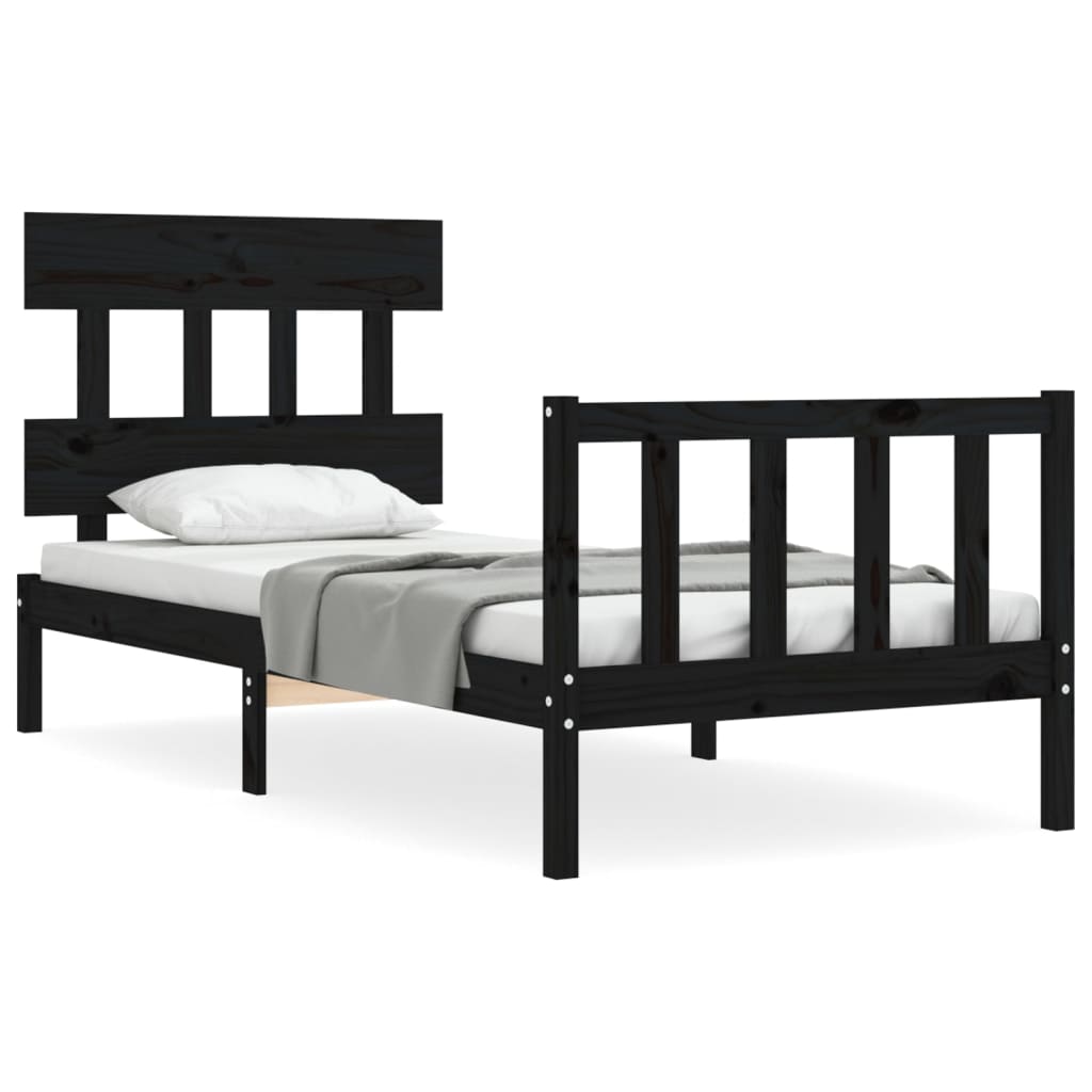 vidaXL Cadru de pat cu tăblie Small Single, negru, lemn masiv vidaXL Cadru de pat cu tăblie Small Single, negru, lemn masiv