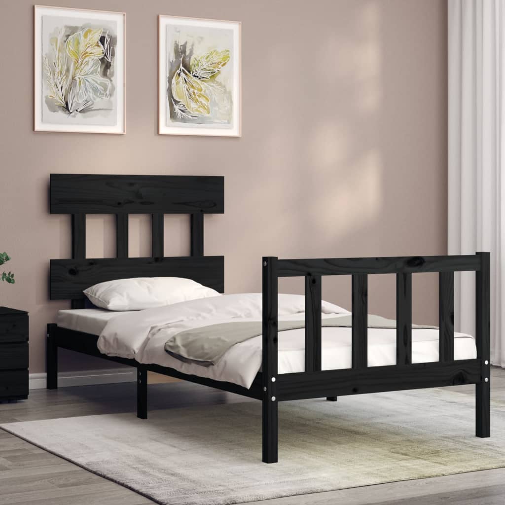 vidaXL Cadru de pat cu tăblie Small Single, negru, lemn masiv vidaXL Cadru de pat cu tăblie Small Single, negru, lemn masiv