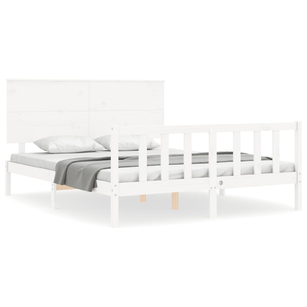 vidaXL Cadru de pat cu tăblie, alb, king size, lemn masiv vidaXL Cadru de pat cu tăblie, alb, king size, lemn masiv
