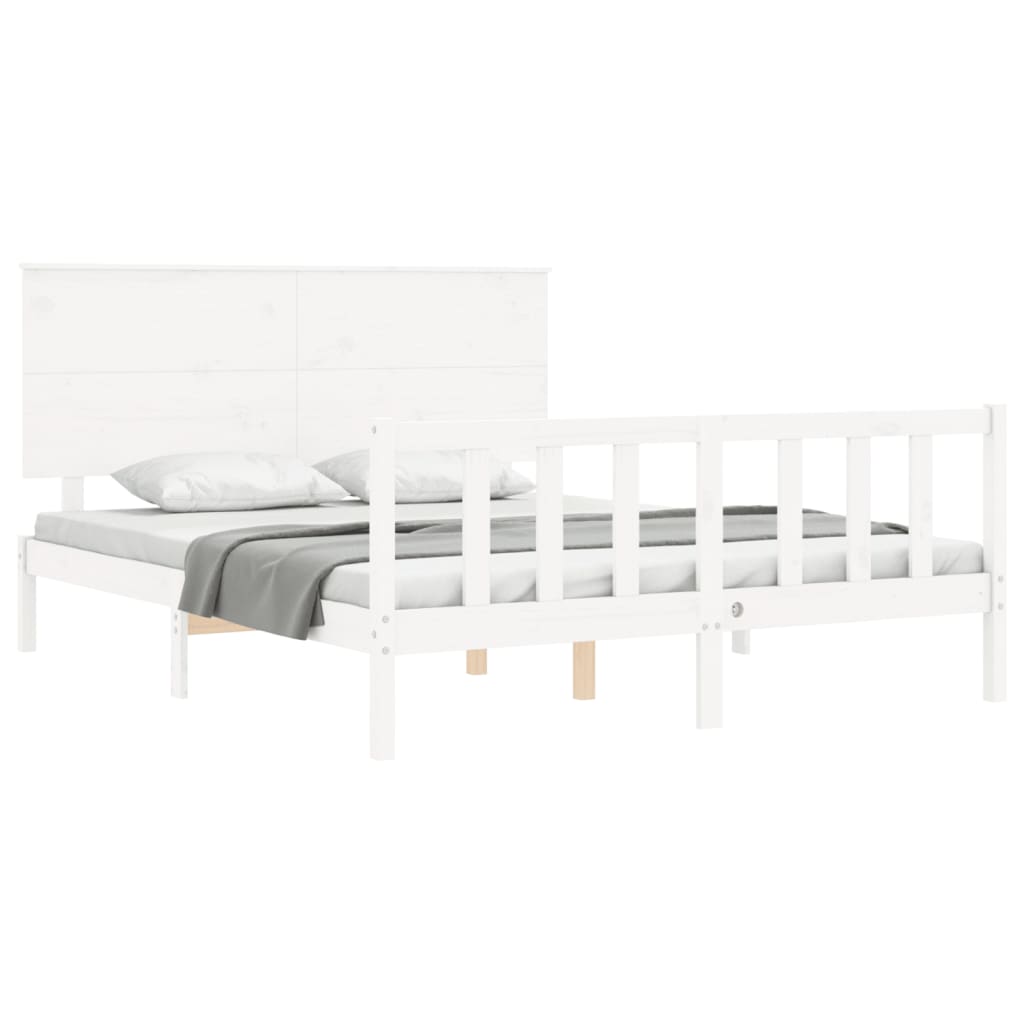 vidaXL Cadru de pat cu tăblie, alb, king size, lemn masiv vidaXL Cadru de pat cu tăblie, alb, king size, lemn masiv