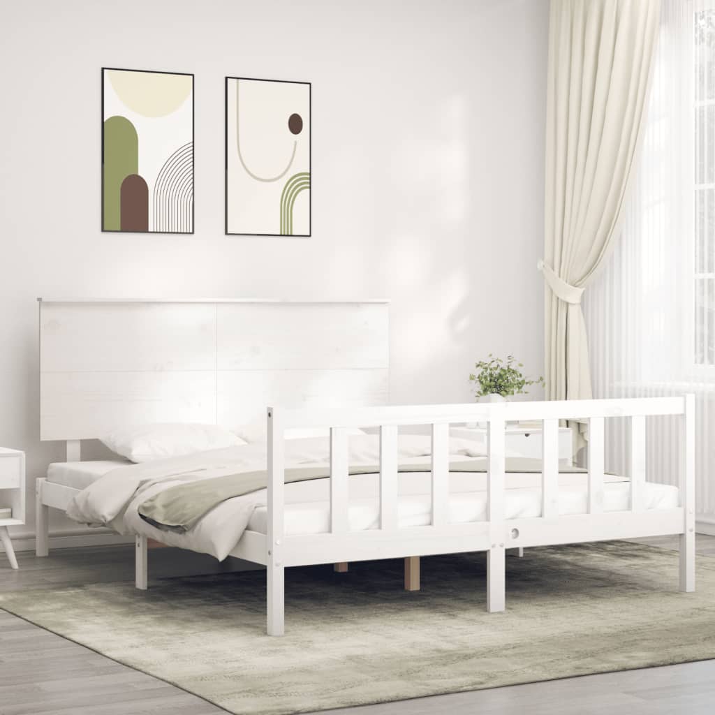vidaXL Cadru de pat cu tăblie, alb, king size, lemn masiv vidaXL Cadru de pat cu tăblie, alb, king size, lemn masiv