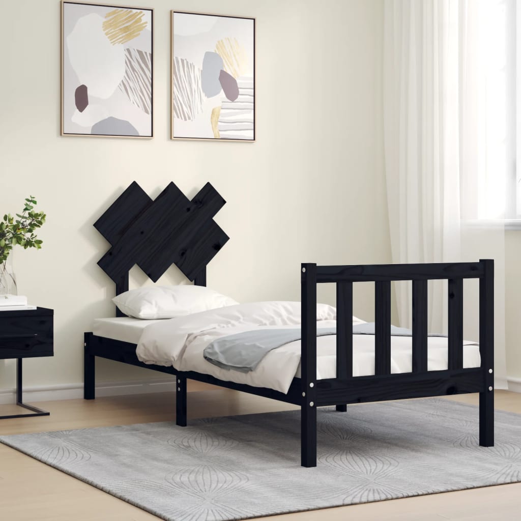 vidaXL Cadru de pat cu tăblie Small Single, negru, lemn masiv vidaXL Cadru de pat cu tăblie Small Single, negru, lemn masiv