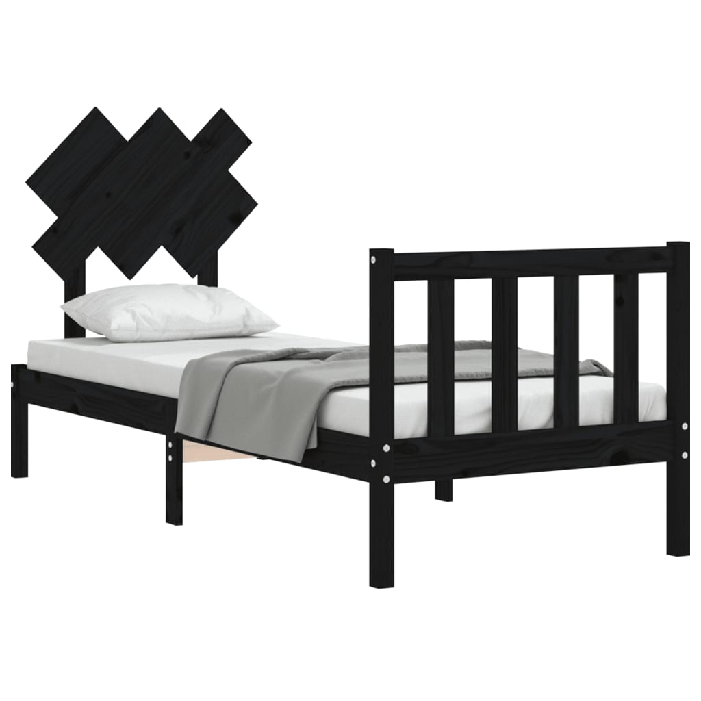 vidaXL Cadru de pat cu tăblie Small Single, negru, lemn masiv vidaXL Cadru de pat cu tăblie Small Single, negru, lemn masiv