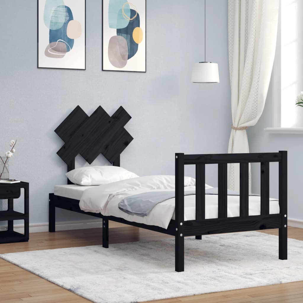 vidaXL Cadru de pat cu tăblie Small Single, negru, lemn masiv vidaXL Cadru de pat cu tăblie Small Single, negru, lemn masiv