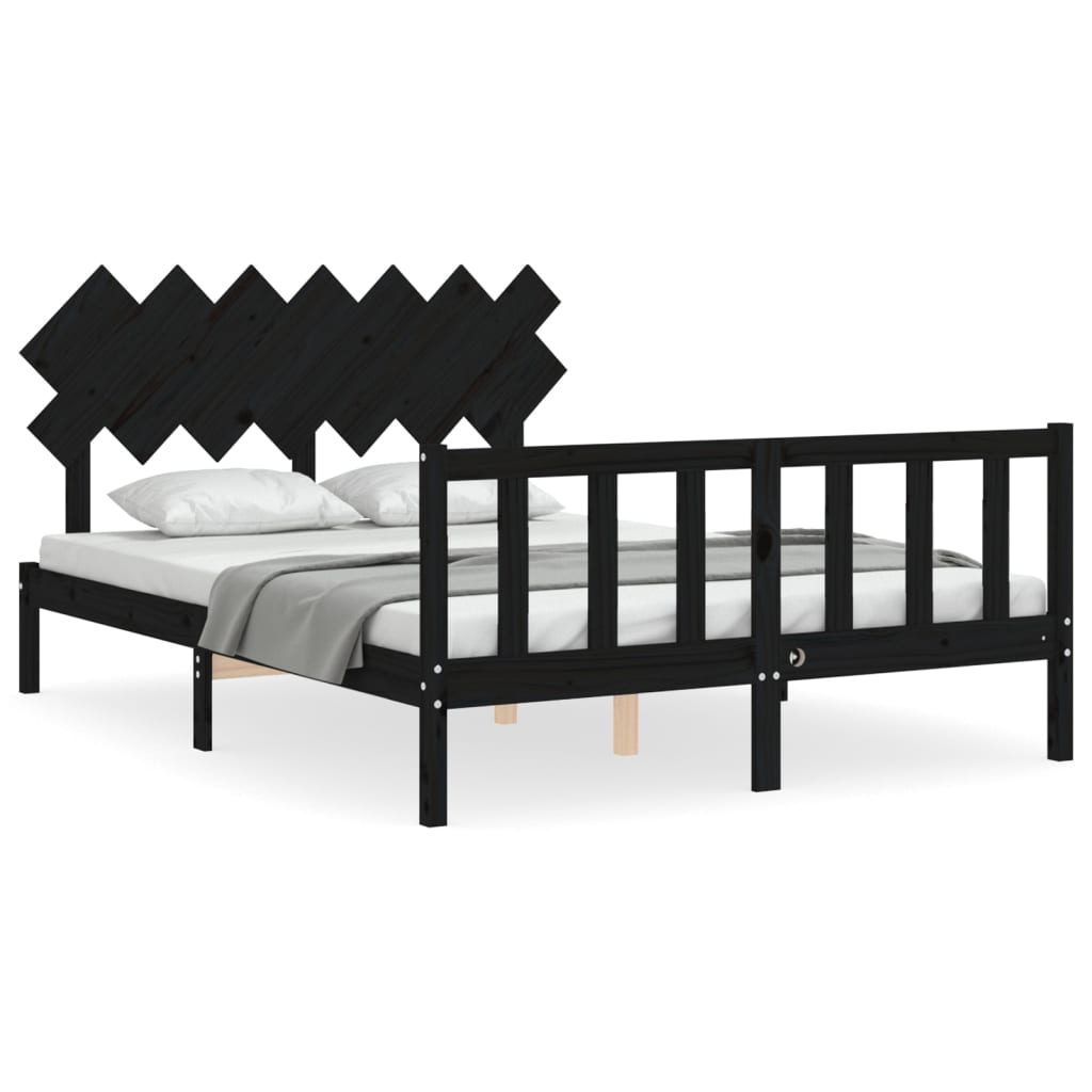 vidaXL Cadru de pat cu tăblie, negru, 140x190 cm, lemn masiv vidaXL Cadru de pat cu tăblie, negru, 140x190 cm, lemn masiv