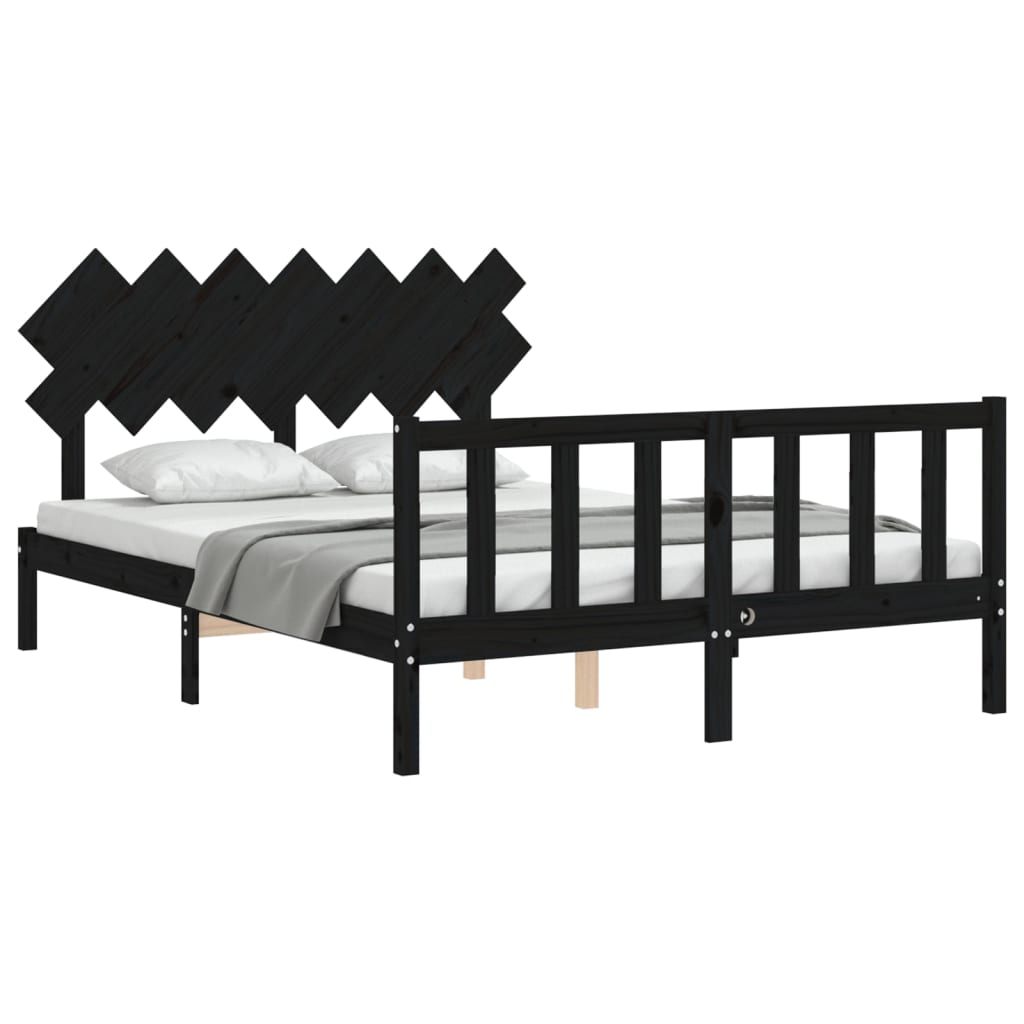 vidaXL Cadru de pat cu tăblie, negru, 140x190 cm, lemn masiv vidaXL Cadru de pat cu tăblie, negru, 140x190 cm, lemn masiv