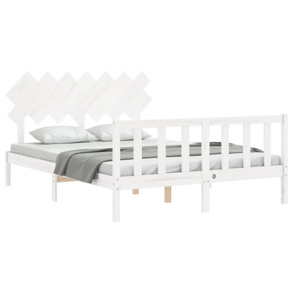 vidaXL Cadru de pat cu tăblie, alb, king size, lemn masiv vidaXL Cadru de pat cu tăblie, alb, king size, lemn masiv