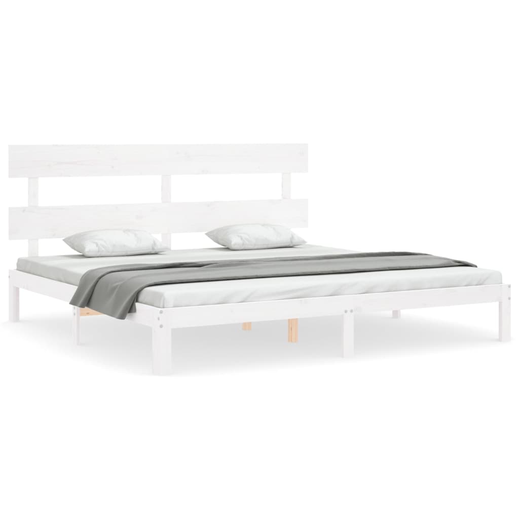 vidaXL Cadru de pat cu tăblie Super King Size, alb, lemn masiv