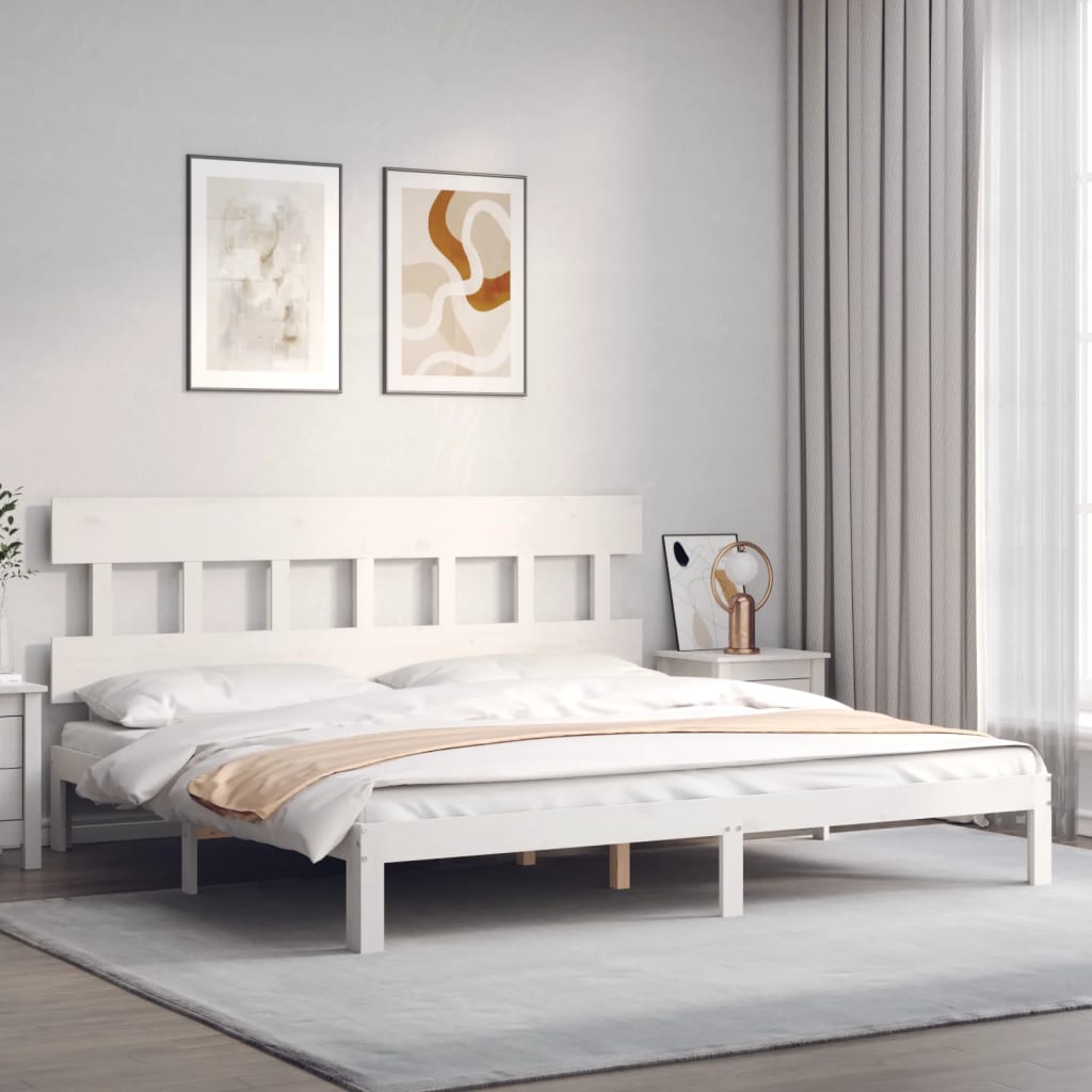 vidaXL Cadru de pat cu tăblie Super King Size, alb, lemn masiv