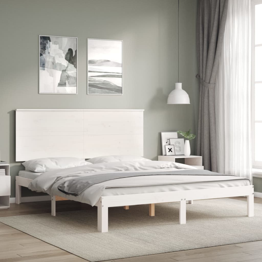 vidaXL Cadru de pat cu tăblie, alb, king size, lemn masiv vidaXL Cadru de pat cu tăblie, alb, king size, lemn masiv