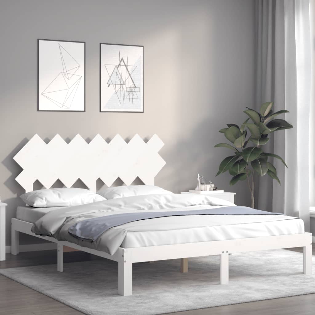 vidaXL Cadru de pat cu tăblie, alb, king size, lemn masiv vidaXL Cadru de pat cu tăblie, alb, king size, lemn masiv