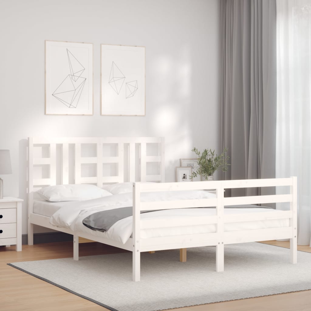 vidaXL Cadru de pat cu tăblie, alb, king size, lemn masiv vidaXL Cadru de pat cu tăblie, alb, king size, lemn masiv