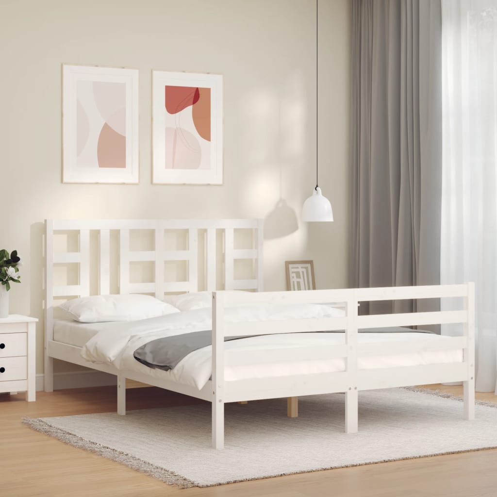 vidaXL Cadru de pat cu tăblie, alb, king size, lemn masiv vidaXL Cadru de pat cu tăblie, alb, king size, lemn masiv
