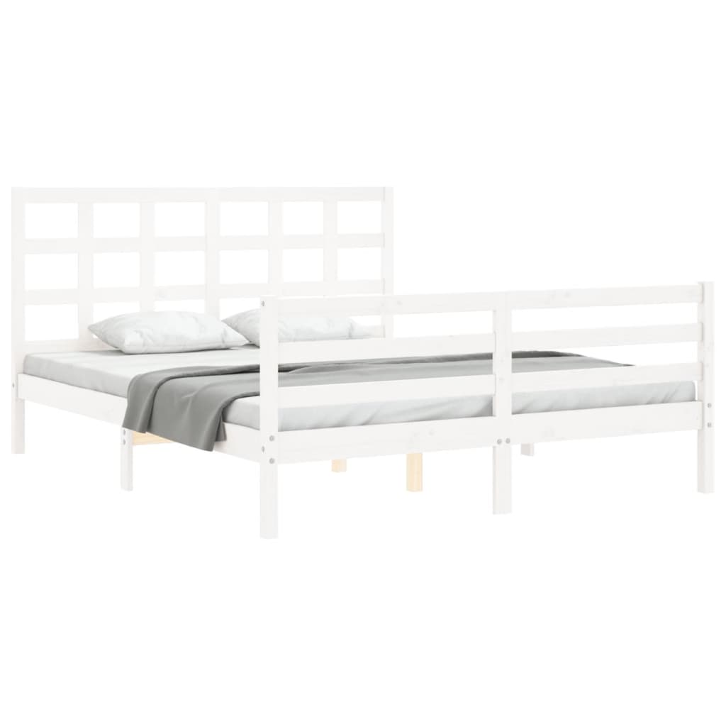 vidaXL Cadru de pat cu tăblie, alb, king size, lemn masiv vidaXL Cadru de pat cu tăblie, alb, king size, lemn masiv