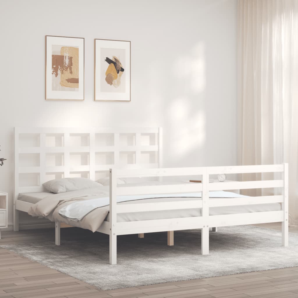 vidaXL Cadru de pat cu tăblie, alb, king size, lemn masiv vidaXL Cadru de pat cu tăblie, alb, king size, lemn masiv