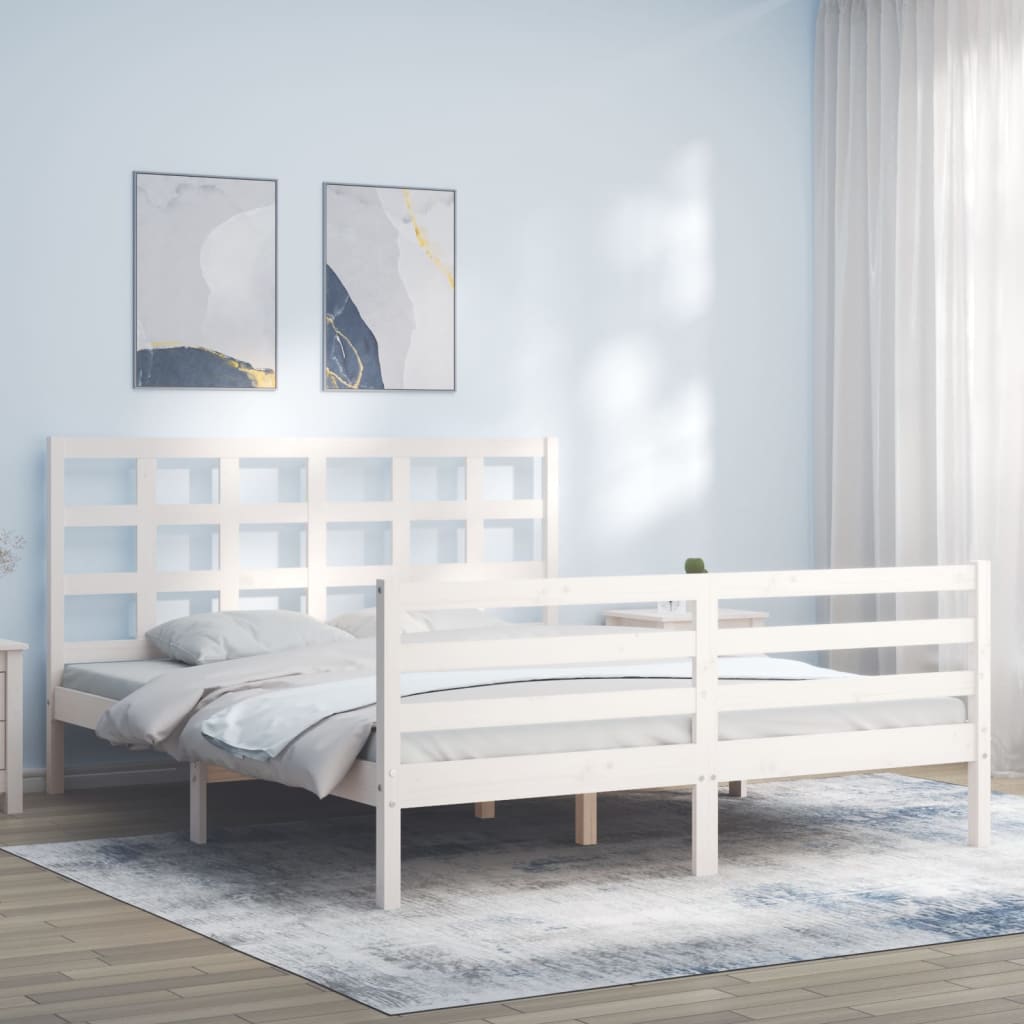 vidaXL Cadru de pat cu tăblie, alb, king size, lemn masiv vidaXL Cadru de pat cu tăblie, alb, king size, lemn masiv